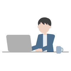 パソコンで作業する男性のシンプルなフラットイラスト