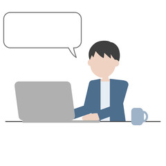 吹き出し付きでパソコン作業をする男性のフラットイラスト