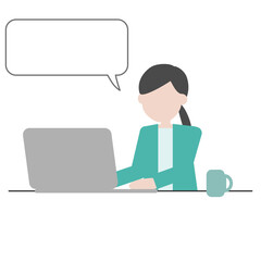 吹き出し付きでパソコン作業をする女性のフラットイラスト