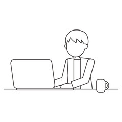 パソコンで作業する男性のシンプルな線画イラスト