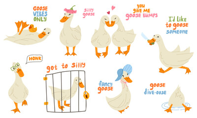 Silly goose on the loose cartoon sticker set with funny ducks characters and playful phrases. Cute geese vector hand drawn illustration with meme quote for stickers, packaging, branding, postcards © Ekaterina Sumanosova