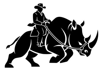 a black and white, silhouette-style illustration depicts a cowboy riding a rhinoceros fantasy art