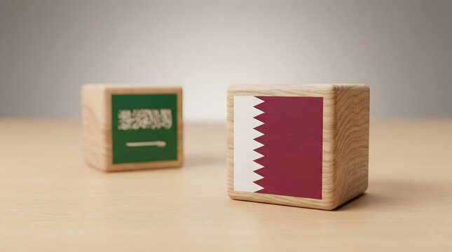 Qatar and Saudi Arabia flags on wooden blocks