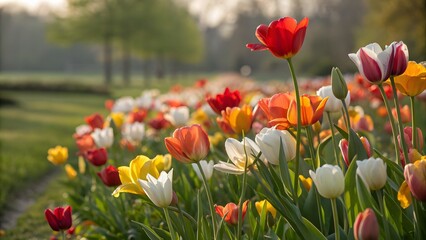 Obraz premium Vibrant Tulips Field in Full Bloom, Spring Flowers Garden, Soft Sunlight, Natural Beauty