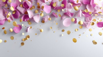 Colorful Petals and Shiny Confetti Sprinkled on Smooth White Surface for Vibrant Celebrations and Events