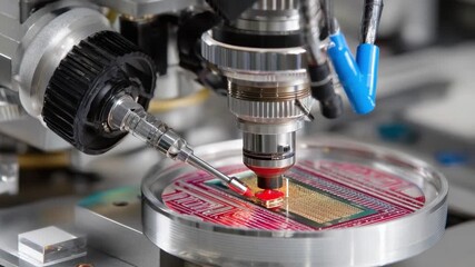 Precision in Technology: A close-up view unveils the intricate process of automated microchip production, showcasing advanced engineering and technological prowess.