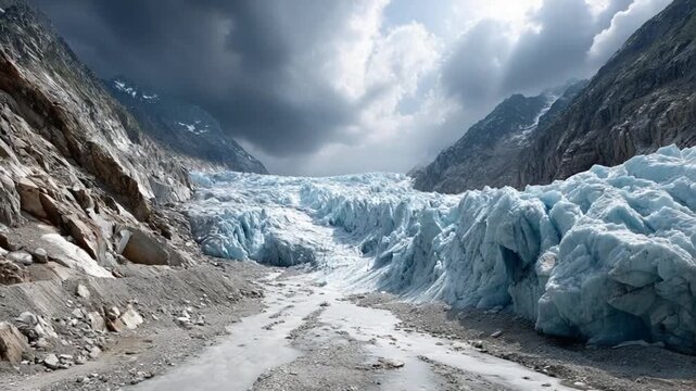Glacier's Embrace: A breathtaking view of a glacier nestled between towering mountains, with the dramatic sky overhead, evoking a sense of awe and the raw power of nature.