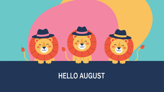 Three adorable cartoon lions wearing stylish hats peeking over a dark blue border with a vibrant sunset background for August theme.