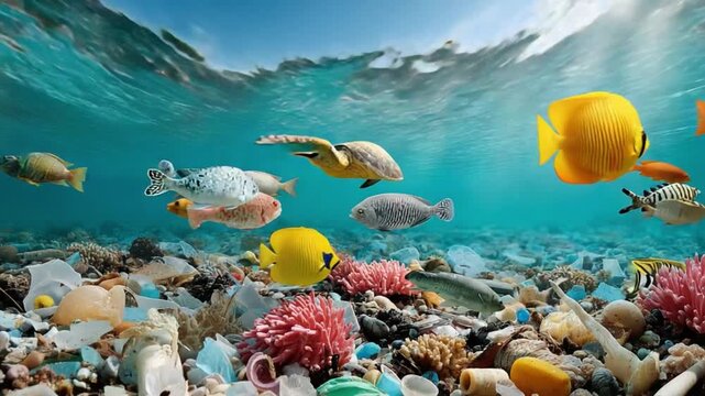 Ocean's Pollution & Marine Life: A vibrant tableau of marine life swims amidst a sea of plastic waste, highlighting the critical impact of pollution on underwater ecosystems. 