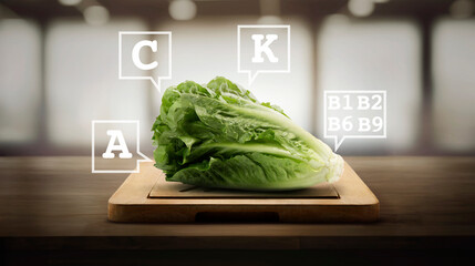 &ldquo;Fresh green cos lettuce on a wooden cutting board, highlighting its crisp texture, rich vitamins, and benefits for healthy cooking and nutritious meals.&rdquo;