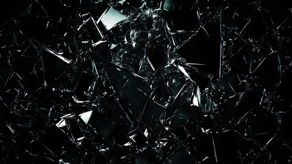 Fragmented glass shards on black background