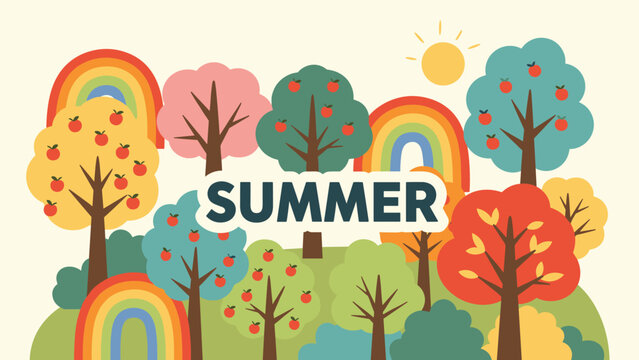 Bright summer landscape filled with colorful fruit trees, green bushes, and vibrant rainbows under a shining sun on a warm day.