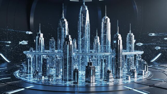Futuristic holographic cityscape with illuminated glass skyscraper towers, circular transit ring and flying hovercraft vehicles over reflective glass platform with rising data plume and flowing