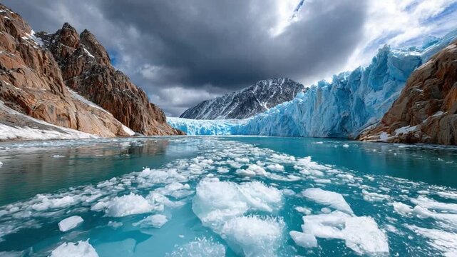 Melting Glacier and Icy Waters: A breathtaking panorama unfolds as a massive glacier gives way to the sea. The turquoise waters are flecked with icy shards.