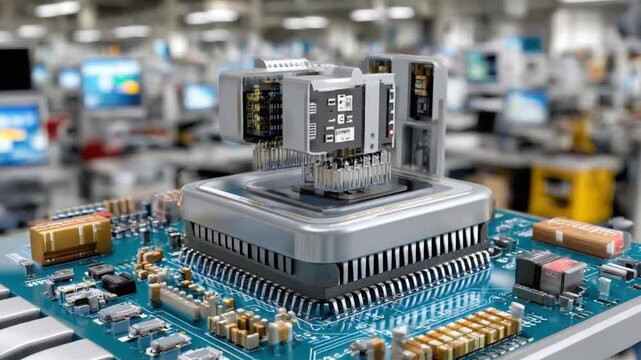 Electronic Precision: A detailed view of a cutting-edge printed circuit board (PCB) showcasing intricate microchips and advanced electronic components, the forefront of innovation.
