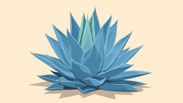 Blue agave plant with sharp leaves and light shadow on a soft yellow background