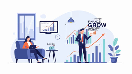 Fototapeta premium A woman works on a laptop while a man presents financial growth charts in an office