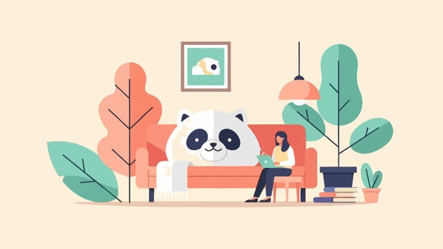 A woman works on a laptop next to a large panda stuffed animal on a sofa