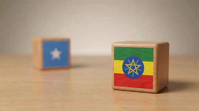 Ethiopia and Somalia flags on wooden blocks