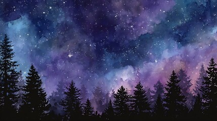 Starry night sky with silhouette of pine trees stars galaxy