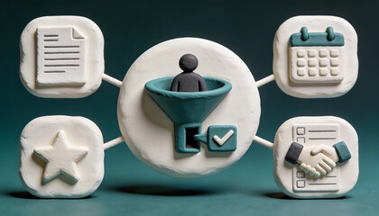 3d clay funnel conversion concept with customer filtering approval calendar rating document and handshake icons for marketing sales pipeline onboarding and lead management