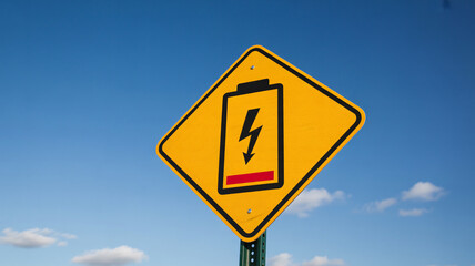 A yellow diamond-shaped road sign with a battery icon showing low charge and a lightning bolt against a blue sky.