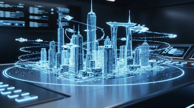 Futuristic holographic city model projected above control console with glowing skyscraper skyline and flying drones creating dynamic light trails, hologram energy beam projecting digital ring