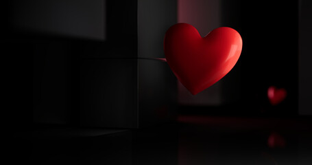 Glossy red heart in a dark abstract space. Minimal romantic love concept with dramatic lighting and clean composition. Perfect background for Valentine&rsquo;s Day, wedding, relationship, luxury branding 