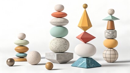  earthy tones are arranged vertically, with three larger, textured spheres stacked in the center. Smaller, colorful spheres are interconnected by a delicate network of thin lines forming orbits or con