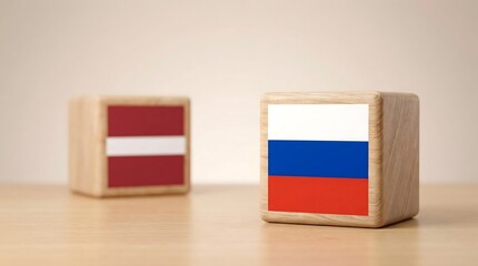 Russia and Latvia flags on wooden blocks
