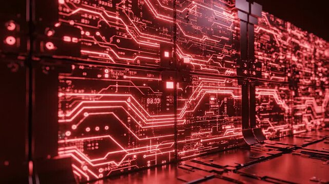 Abstract red tech backdrop with circuit board patterns and futuristic design