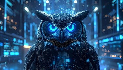 Majestic owl with piercing blue eyes, digital interface patterns, and a futuristic, technology-infused ambiance