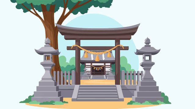 A traditional Japanese shrine gate, temple, and stone lanterns stand beneath a large tree