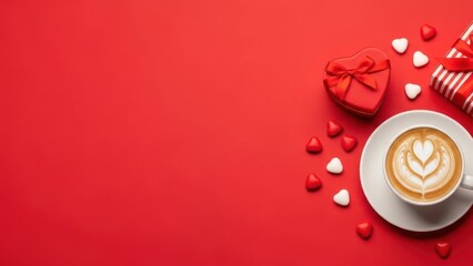 Valentines day themed coffee cup with heart design on red background with gift and candies