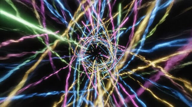 Vibrant Neon Light Tunnel: Abstract Digital Energy Stream with Glowing Twisted Wires, Futuristic Data Flow Vortex Effect on Dark Background