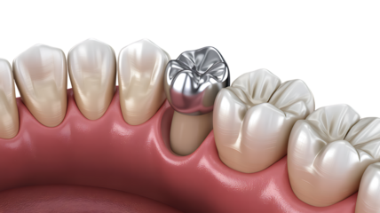 Closeup of a dental crown on a molar tooth in a human mouth teeth dental care