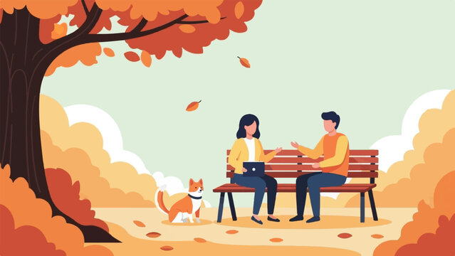 Autumn park scene with two people and dog on bench under a large tree