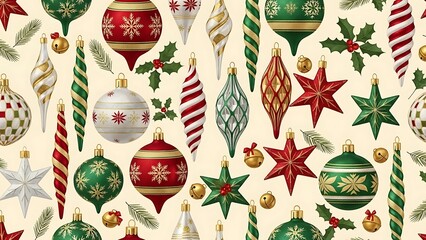 A festive seamless pattern with traditional christmas ornaments and decorations