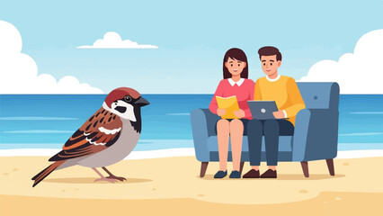 A sparrow stands on a beach while a couple sits on a sofa enjoying leisure time by the ocean © Lia
