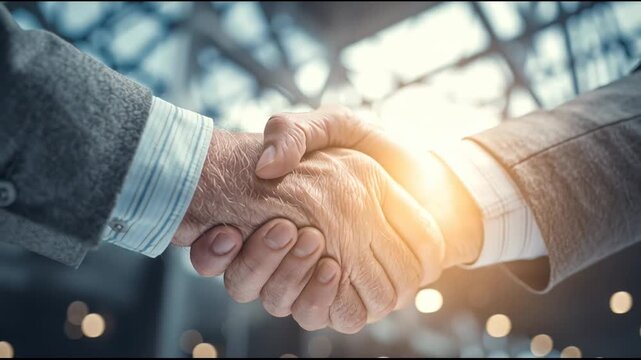 Partners engage in a handshake to finalize a deal inside a modern office space during a business meeting in the afternoon