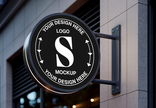 Round Illuminated Signboard Mockup on Facade