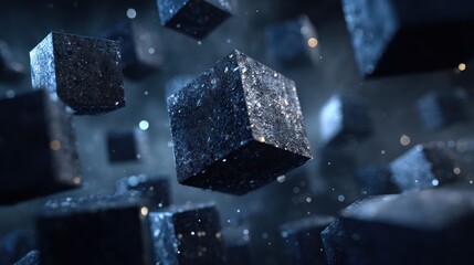 Several navy textured cubes appear to float, giving an appearance of depth from the numerous bokeh lights against a dark navy background