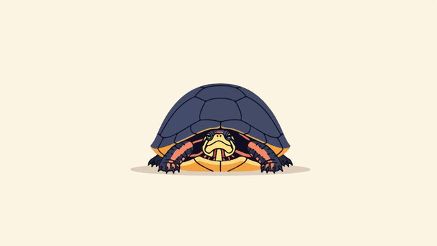 A pixelated painted turtle with a dark blue shell and orange and yellow striped skin