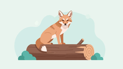 A stylized, pixelated fox sits on a log against a light blue, abstract background