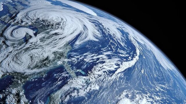 Explore Earth&rsquo;s surface in detail showing features like oceans, landmasses, and clouds from a high vantage point