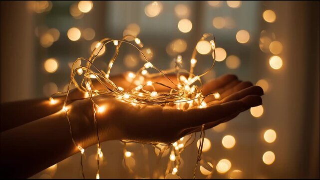 Individual displays LED string lights in hands, creating a warm glow in a cozy indoor setting, capturing a dreamy atmosphere