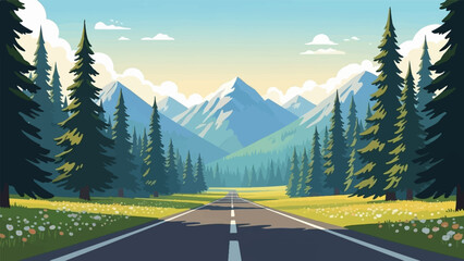 A pixel art road leads through a forest to snow-capped mountains under a blue sky © fani