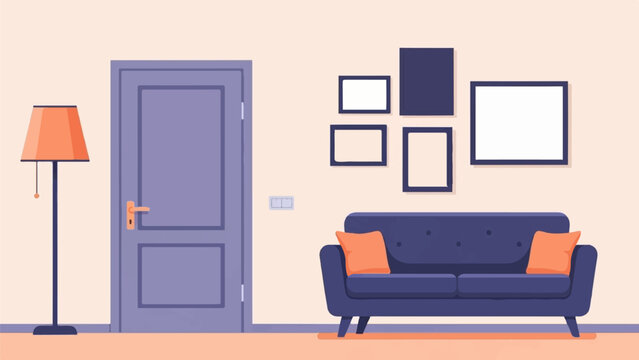A simple flat illustration of a living room with a sofa and a door