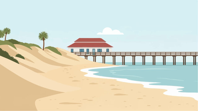 A pixelated beach scene features sand dunes, palm trees, and a pier extending into calm blue water