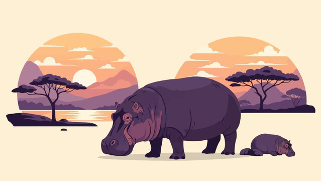 A pixel art scene of two hippos with a savanna landscape and sunset in the background